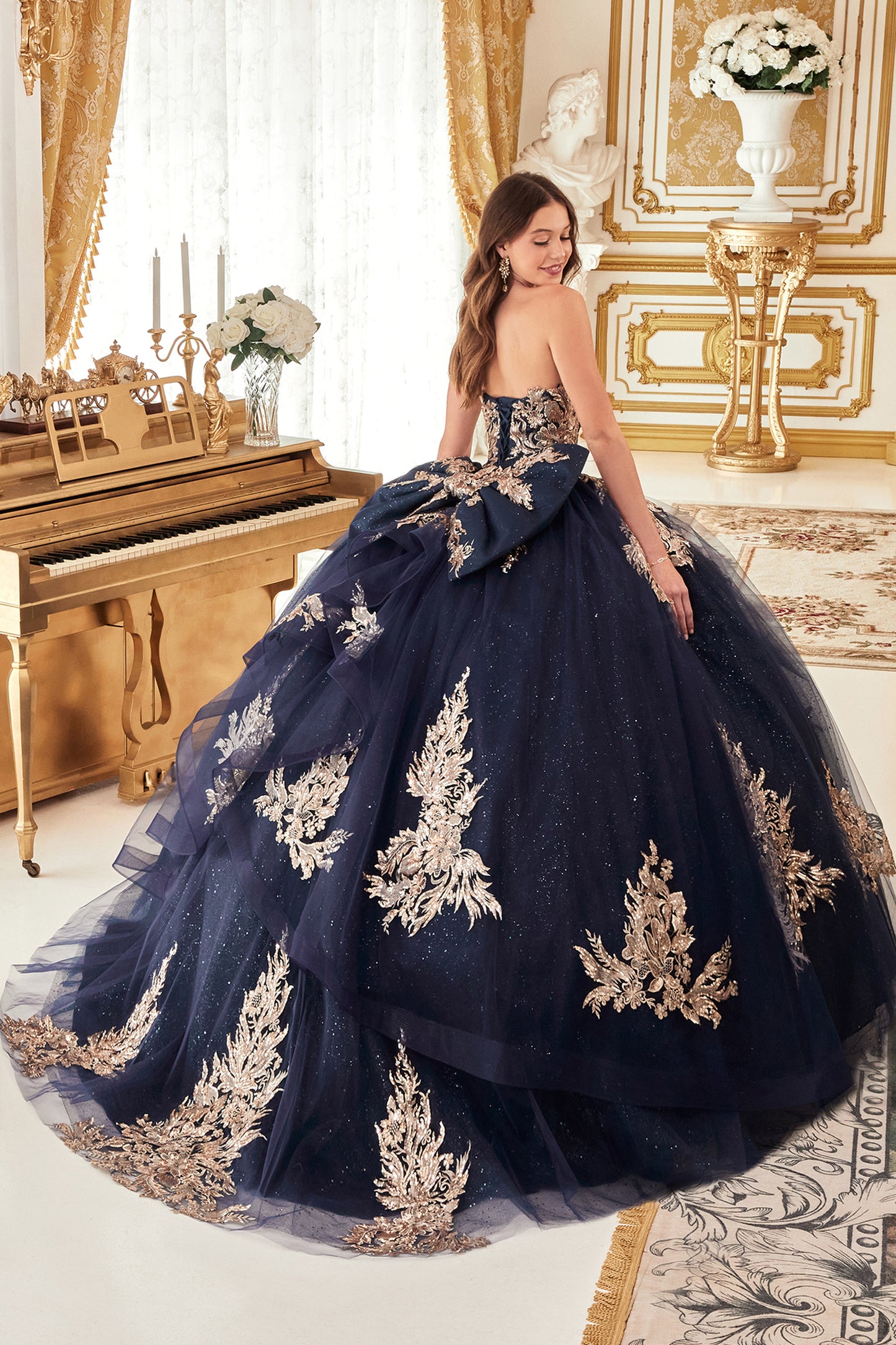 Quinceniera Dresses Long Quinceanera Lace Applique Ball Gown Navy Gold