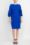 Cocktail Dresses Crew Neck Ruched 3/4 Sleeve Scoop Back Zipper Back Solid Crepe Dress ROYAL