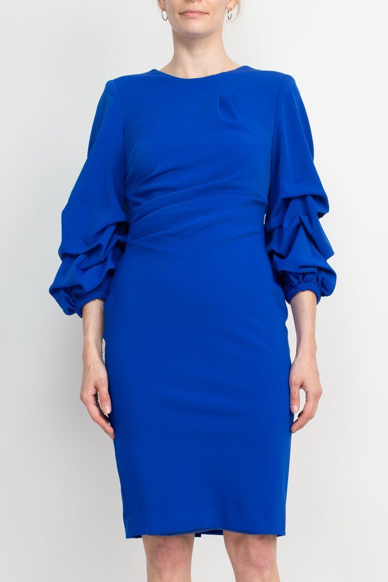 Cocktail Dresses Crew Neck Ruched 3/4 Sleeve Scoop Back Zipper Back Solid Crepe Dress ROYAL