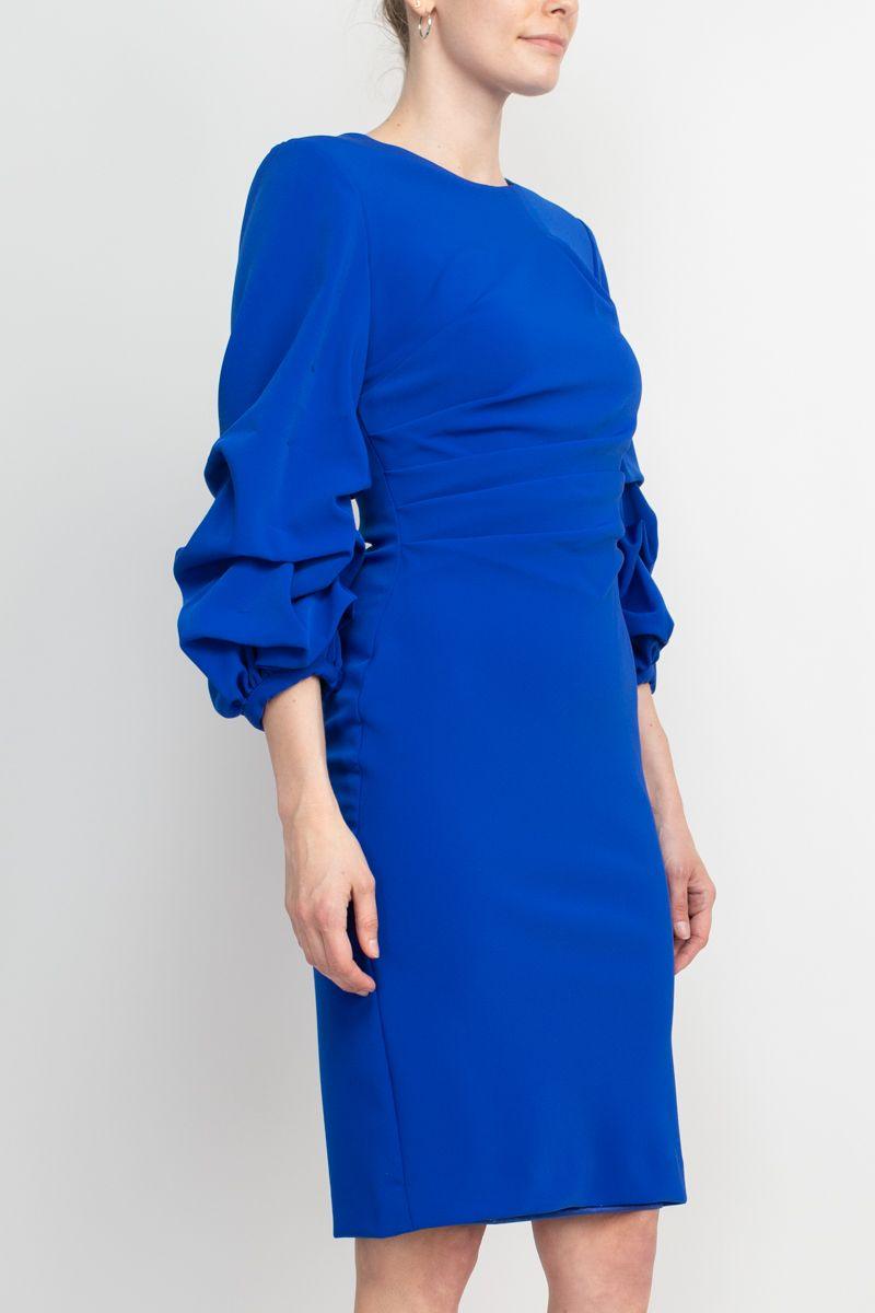 Cocktail Dresses Crew Neck Ruched 3/4 Sleeve Scoop Back Zipper Back Solid Crepe Dress ROYAL