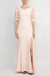 Formal Dresses V-Neck Short Embellished Lace Sleeve Zipper Back Bodycon Slit Side Scuba Dress Rose