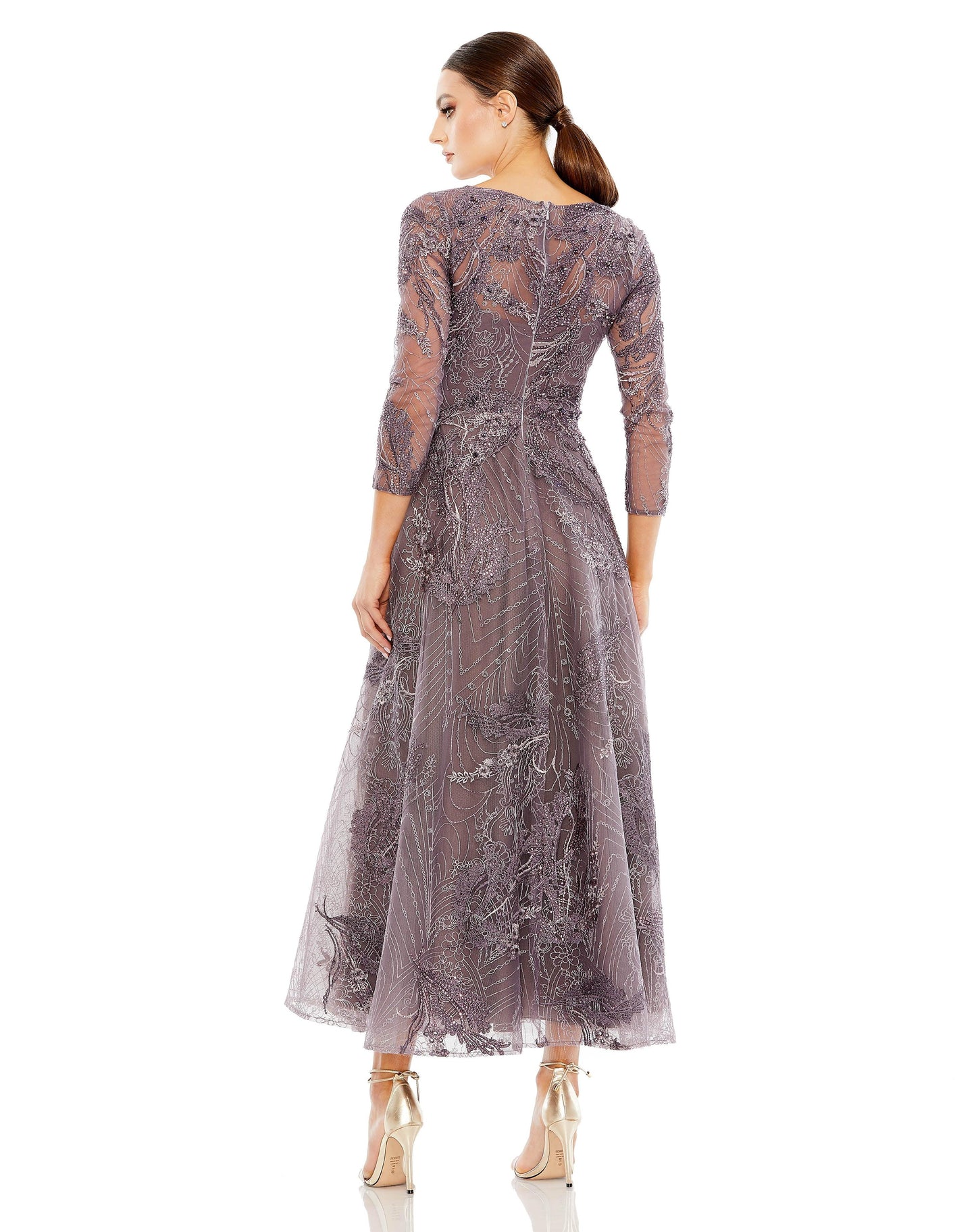 Formal Dresses Formal 3/4 Sleeve Tea Length Dress Aubergine