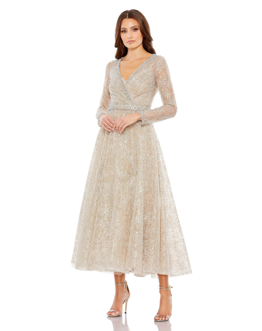 Formal Dresses Long Sleeve Formal Beaded Dress Taupe