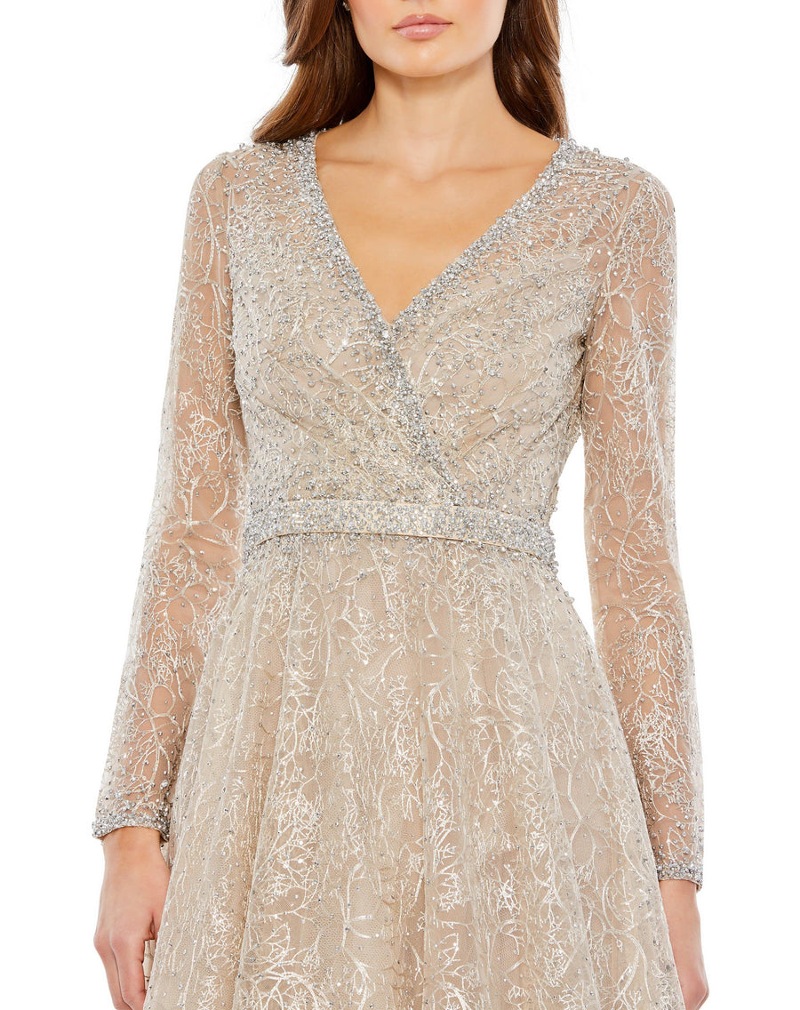 Formal Dresses Long Sleeve Formal Beaded Dress Taupe