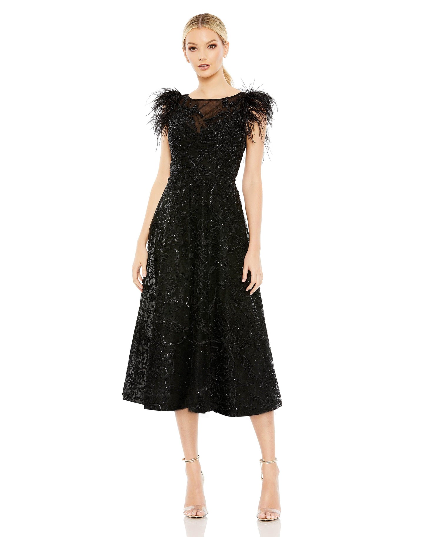 Formal Dresses Feather Sleeve Tea Length Formal Dress Black