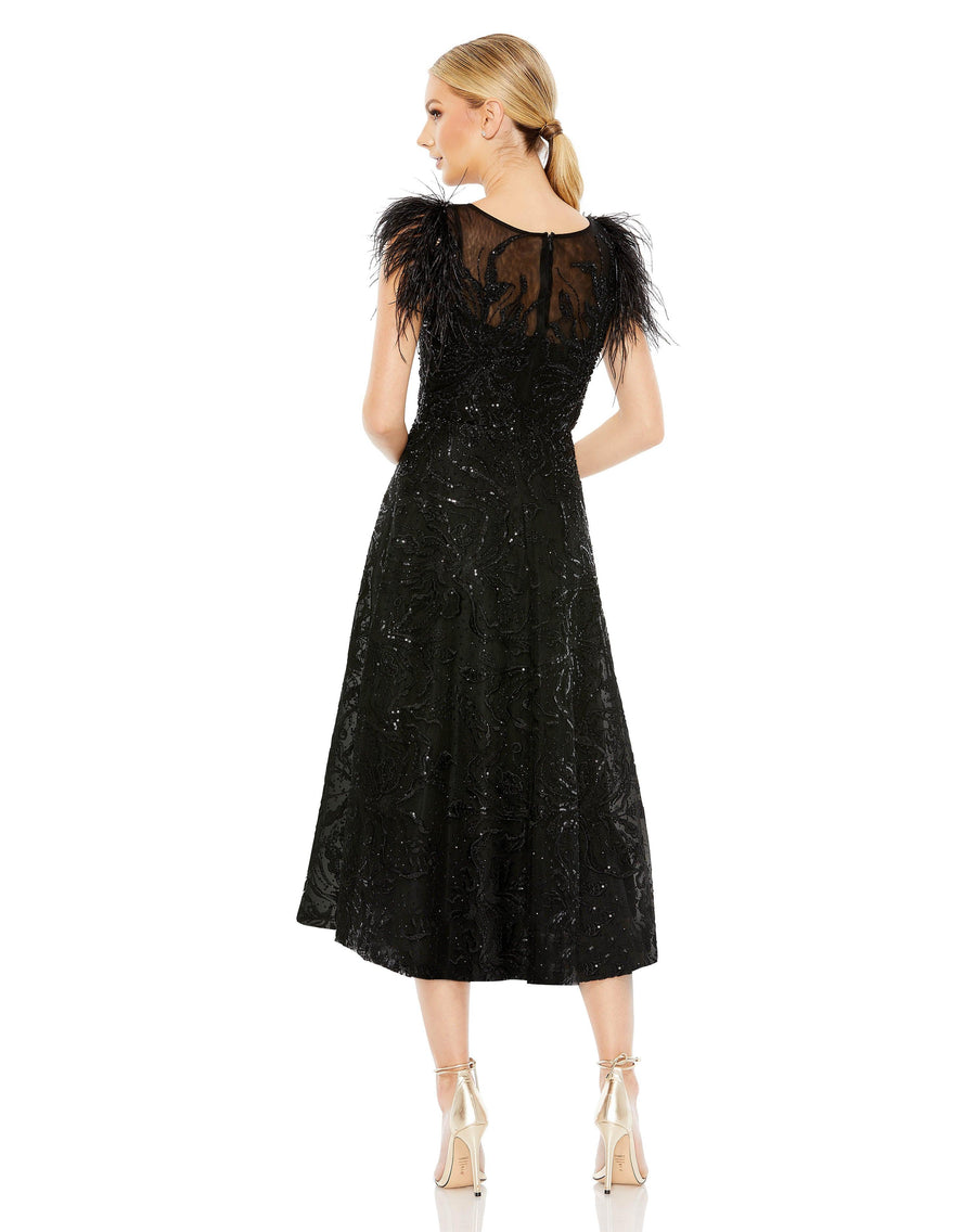 Formal Dresses Feather Sleeve Tea Length Formal Dress Black