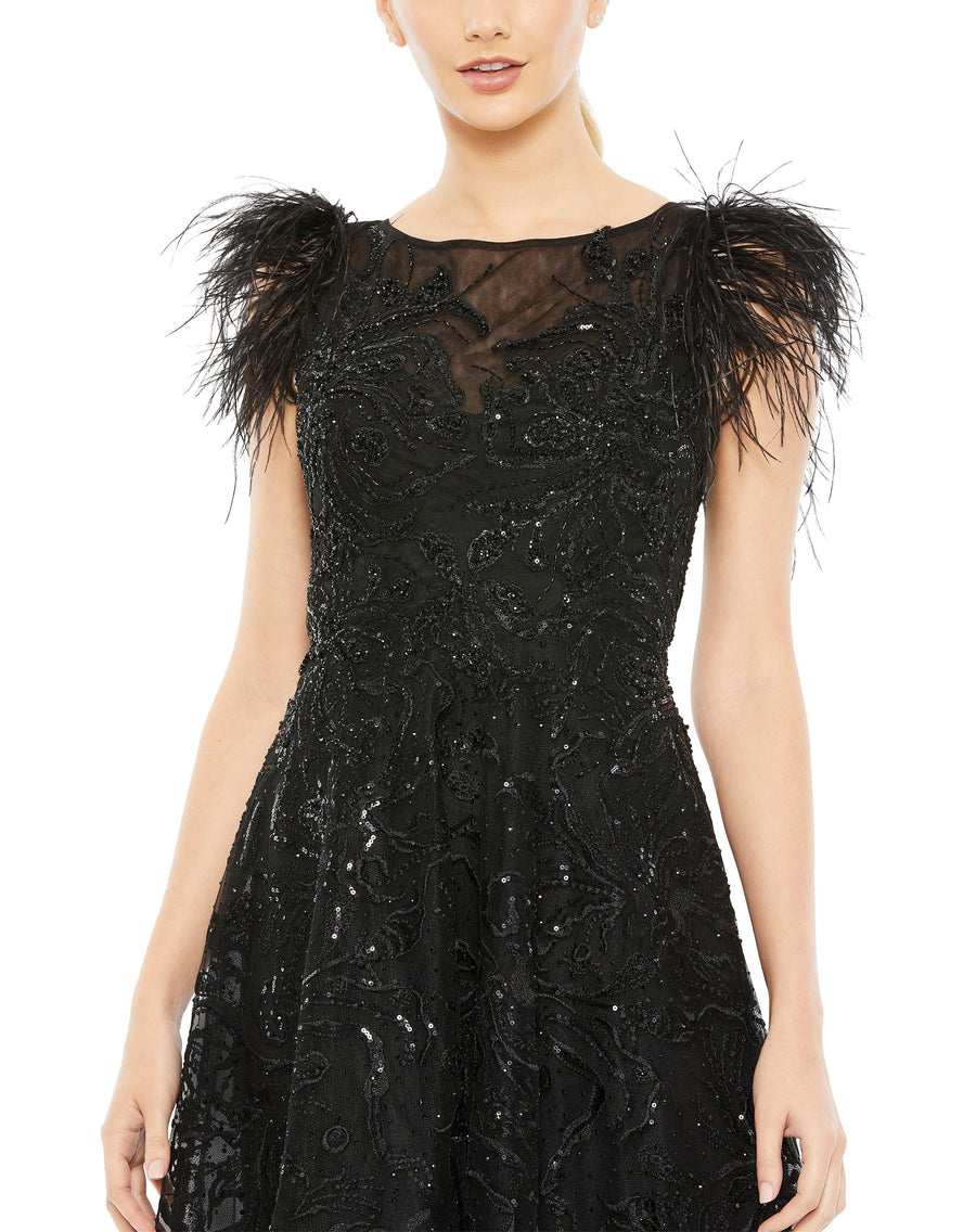 Formal Dresses Feather Sleeve Tea Length Formal Dress Black