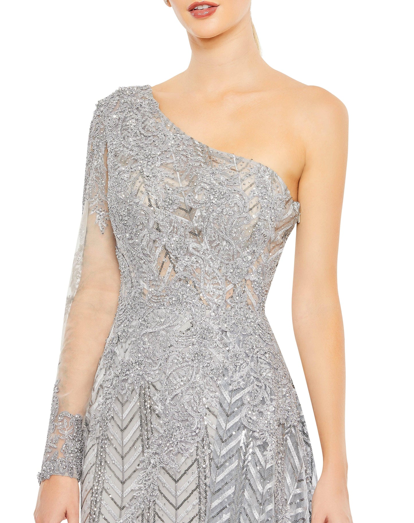 Formal Dresses Long Formal Beaded Lace Dress Platinum