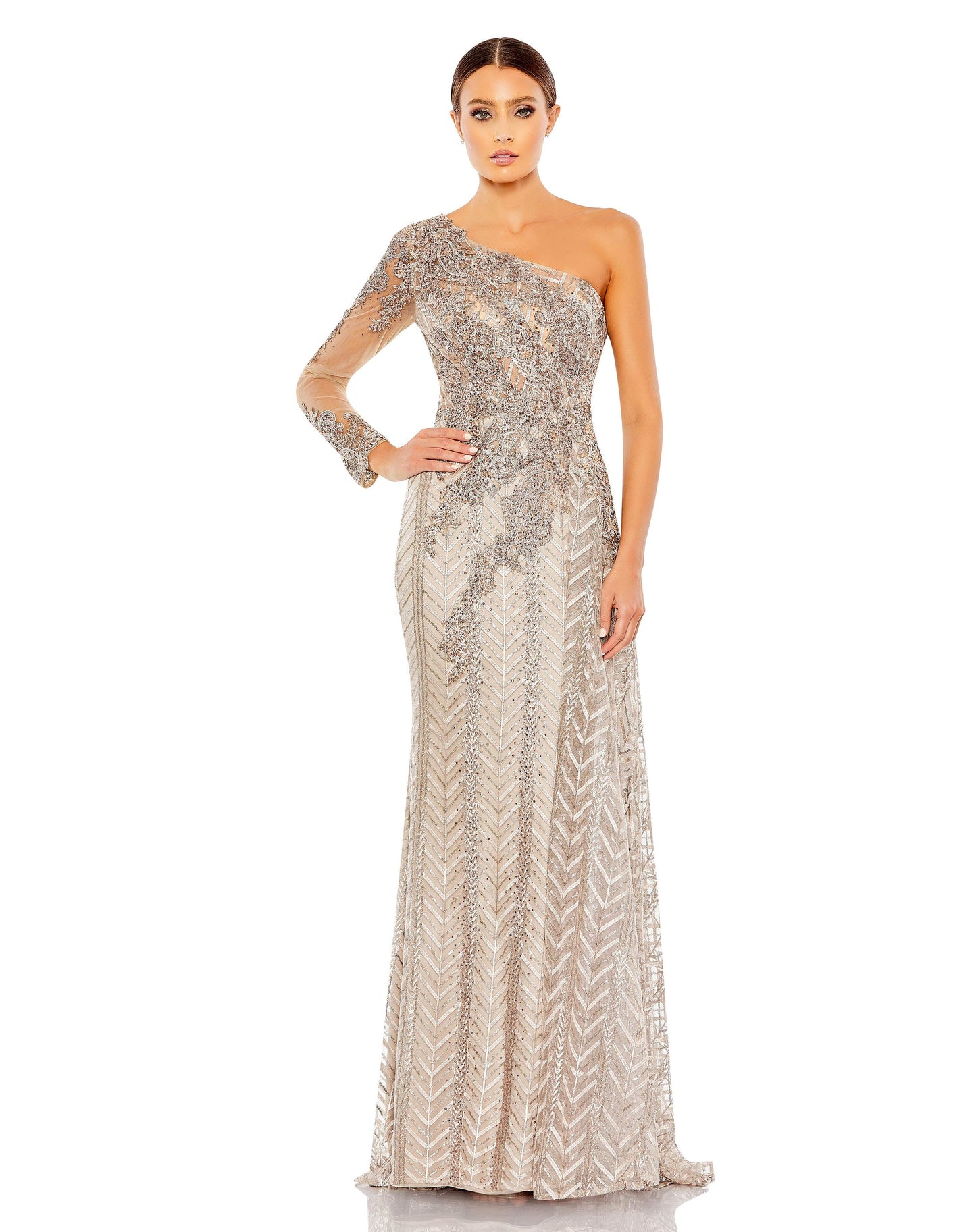 Formal Dresses Long Formal Beaded Lace Dress Taupe