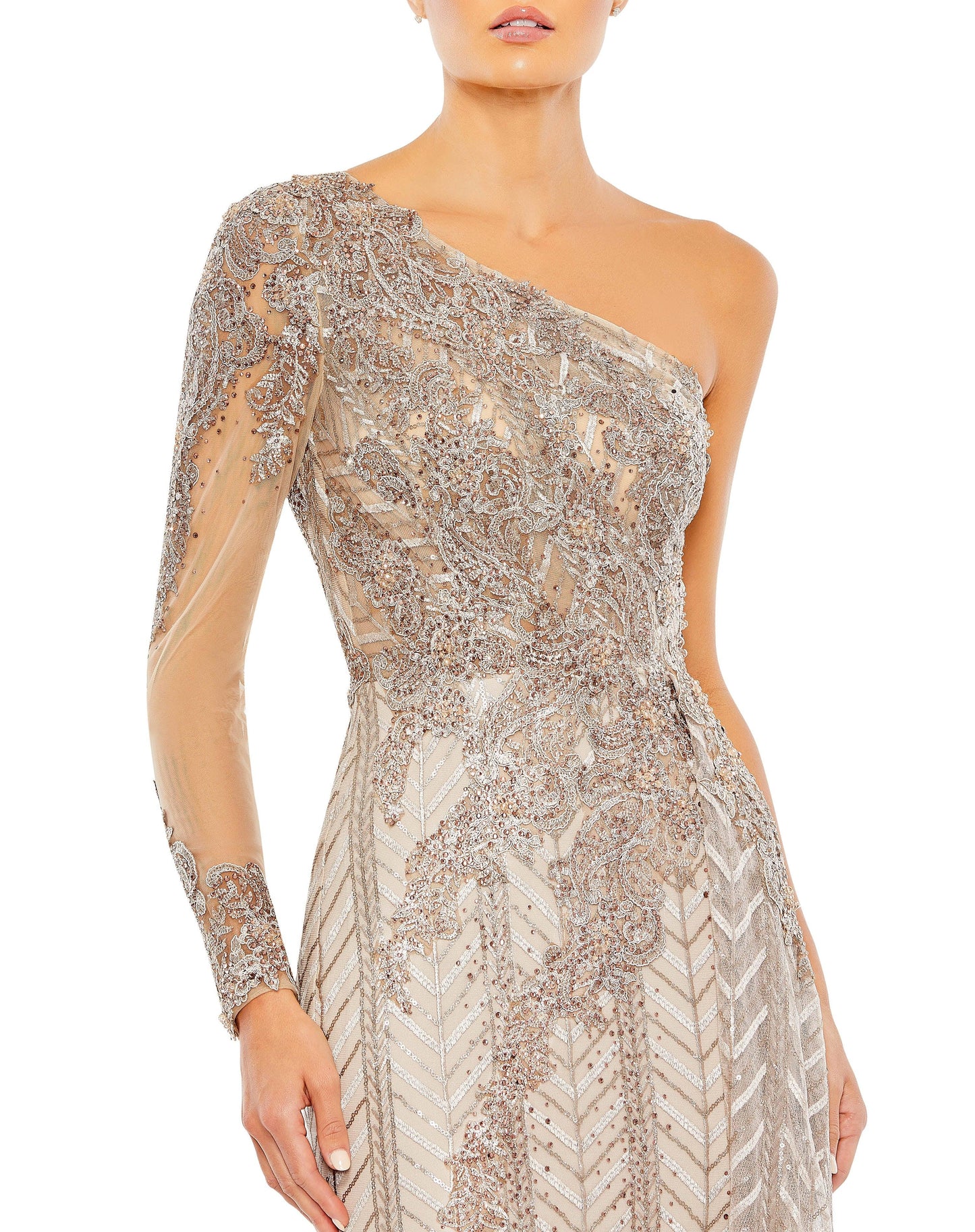 Formal Dresses Long Formal Beaded Lace Dress Taupe