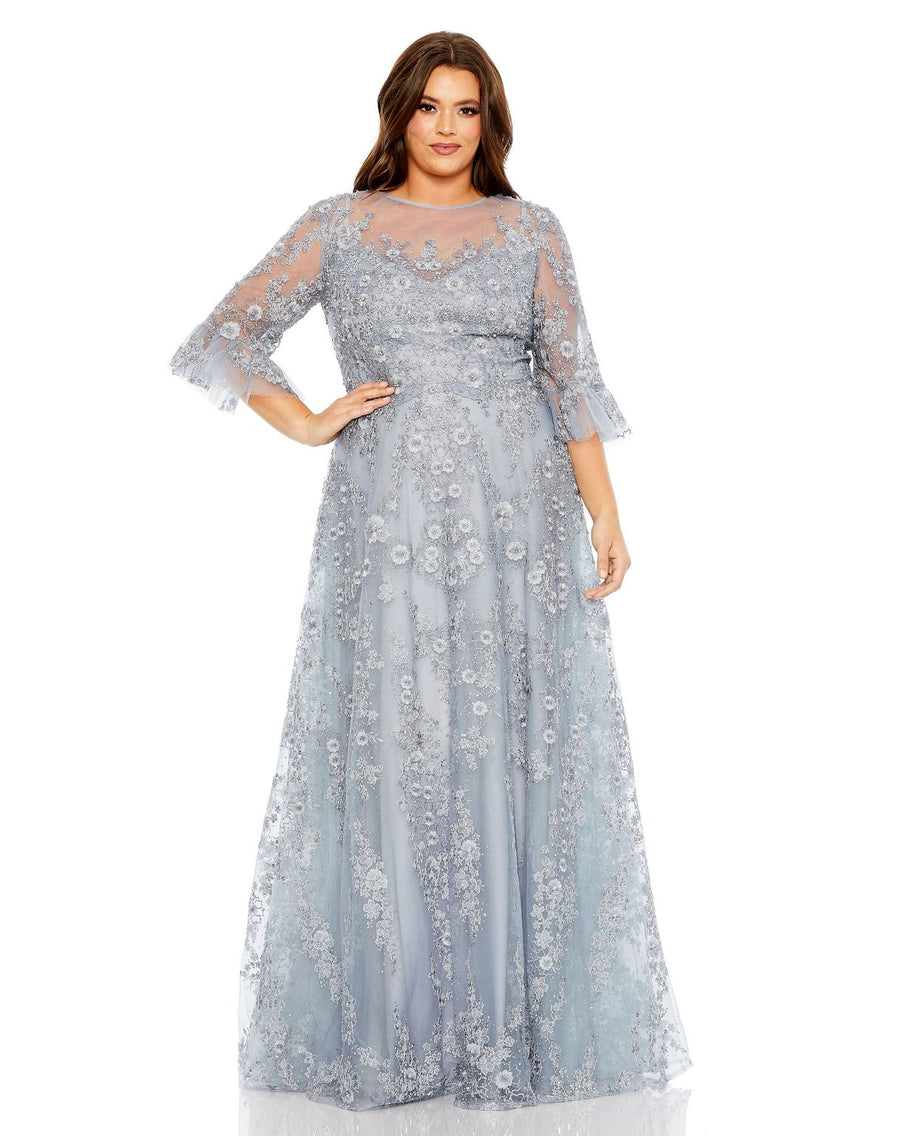 Plus Size Dresses Flutter Sleeve Emrbroidered A Line Plus Size Gown Platinum