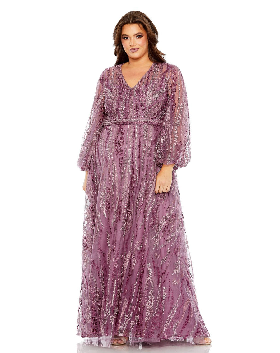 Plus Size Dresses  Puff Long Sleeve A Line Plus Size Gown Mauve