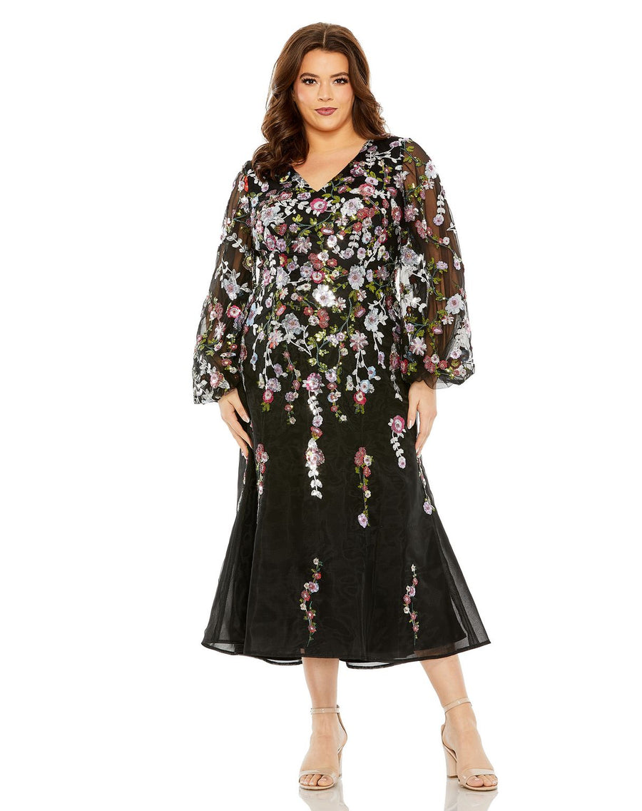 Plus Size Dresses Long Puff Sleeve A Line Dress Black Multi