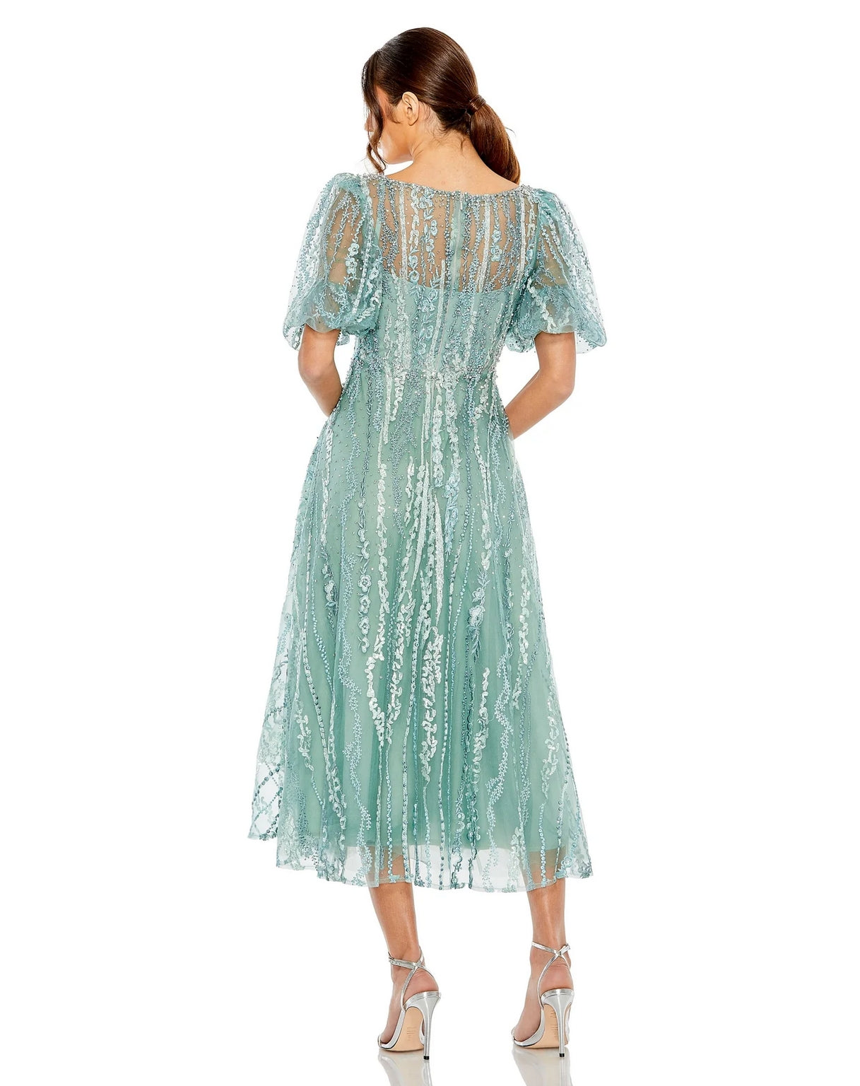 Cocktail Dresses Puff Sleeve Embellished A Line Midi Dress Seafoam