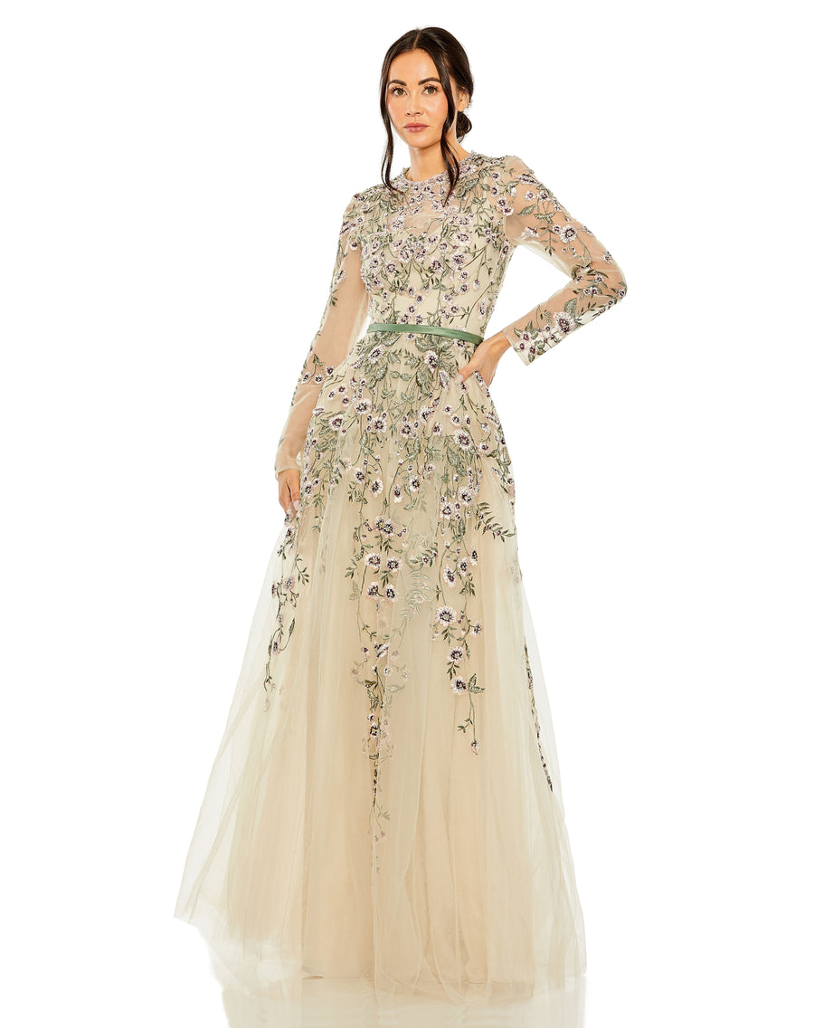 Formal Dresses Long Sleeve Formal A Line Evening Gown Sage Multi