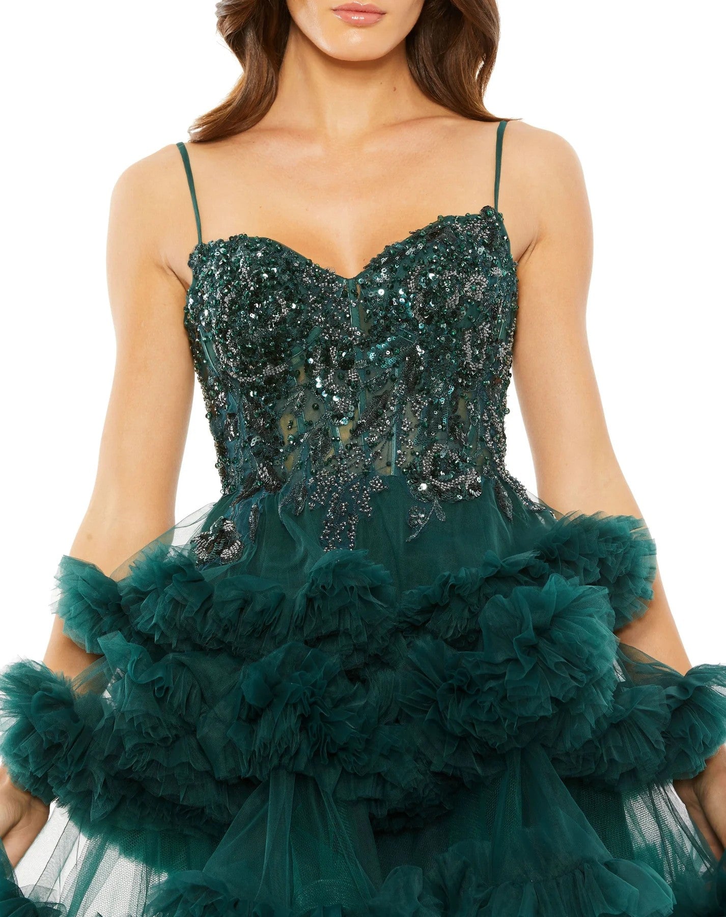 Cocktail Dresses Thin Strap Beaded Bodice Tiered Tulle Short Dress Hunter Green