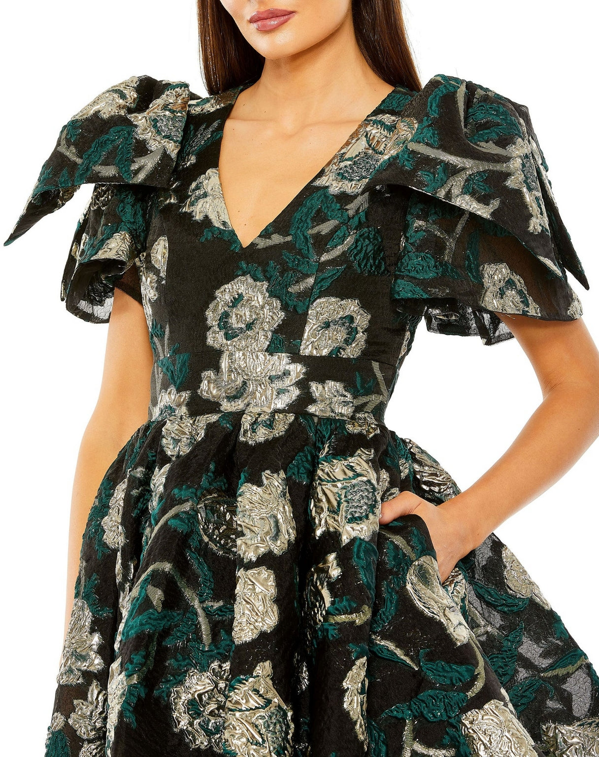 Cocktail Dresses Bow Shoulders Brocade V Neck Pockets Short Dress Emerald