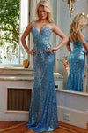 Prom Dresses Long Formal Spaghetti Strap Beaded Prom Gown Light Blue