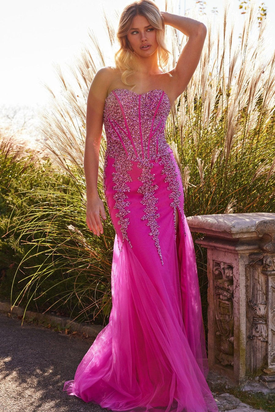 Prom Dresses Long Strapless Beaded Prom Dress Hot Pink/Silver