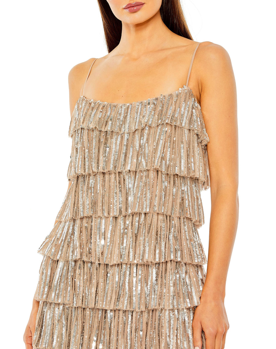 Cocktail Dresses Beaded Strap Sequin Ruffle Short Dress Nude Silver