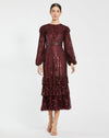 Cocktail Dresses Long Sleeve Formal Sequin Ruffle Midi Cocktail Dress Burgundy