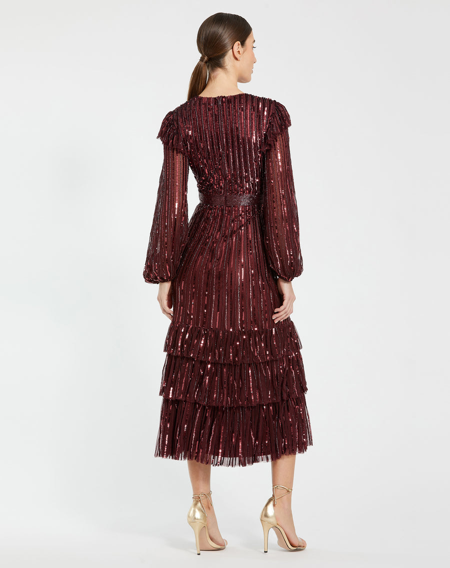 Cocktail Dresses Long Sleeve Formal Sequin Ruffle Midi Cocktail Dress Burgundy