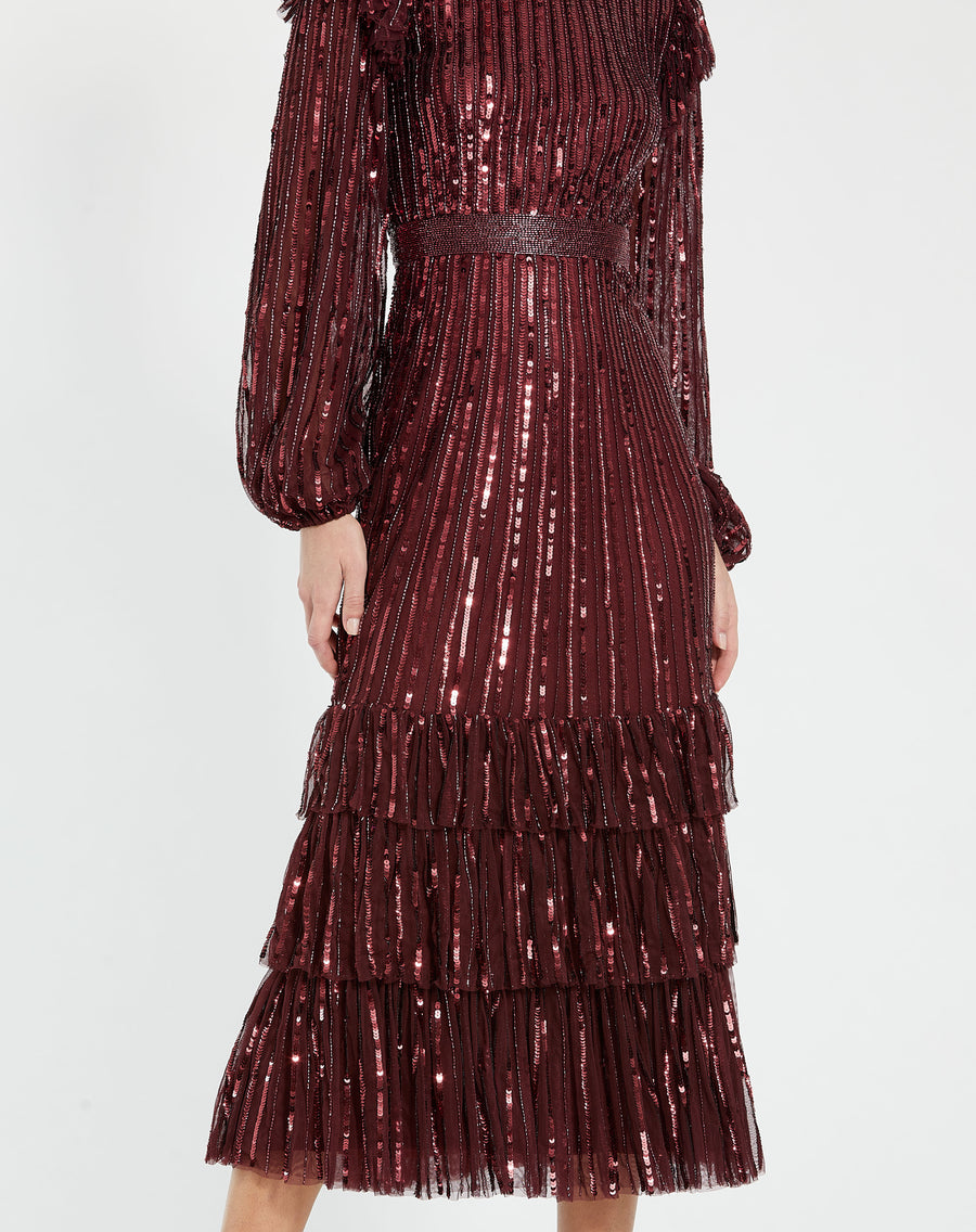 Cocktail Dresses Long Sleeve Formal Sequin Ruffle Midi Cocktail Dress Burgundy