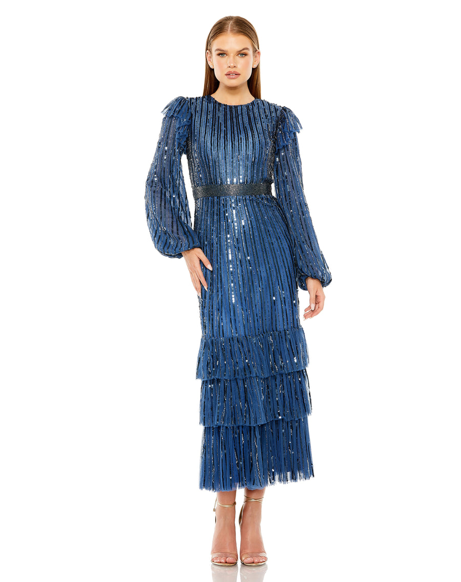 Cocktail Dresses Long Sleeve Formal Sequin Ruffle Midi Cocktail Dress Midnight