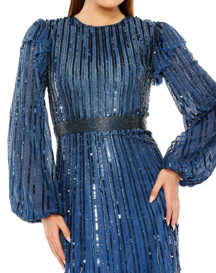 Cocktail Dresses Long Sleeve Formal Sequin Ruffle Midi Cocktail Dress Midnight