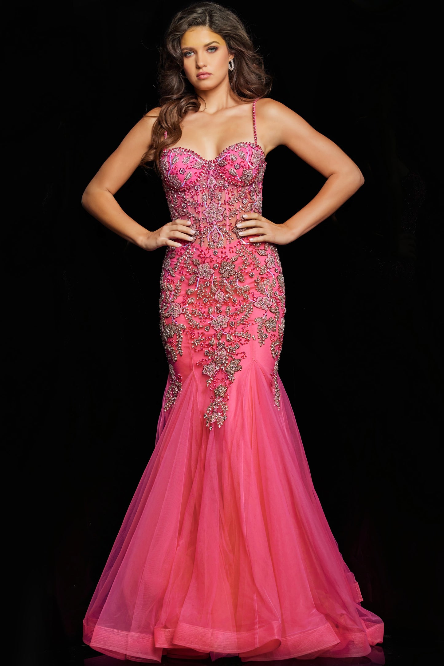 Prom Dresses Spaghetti Strap Embellished Mermaid Prom Dress Hot Pink/Silver