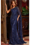 Formal Dresses Embellished One Shoulder Cape Sleeve Formal Dress Navy