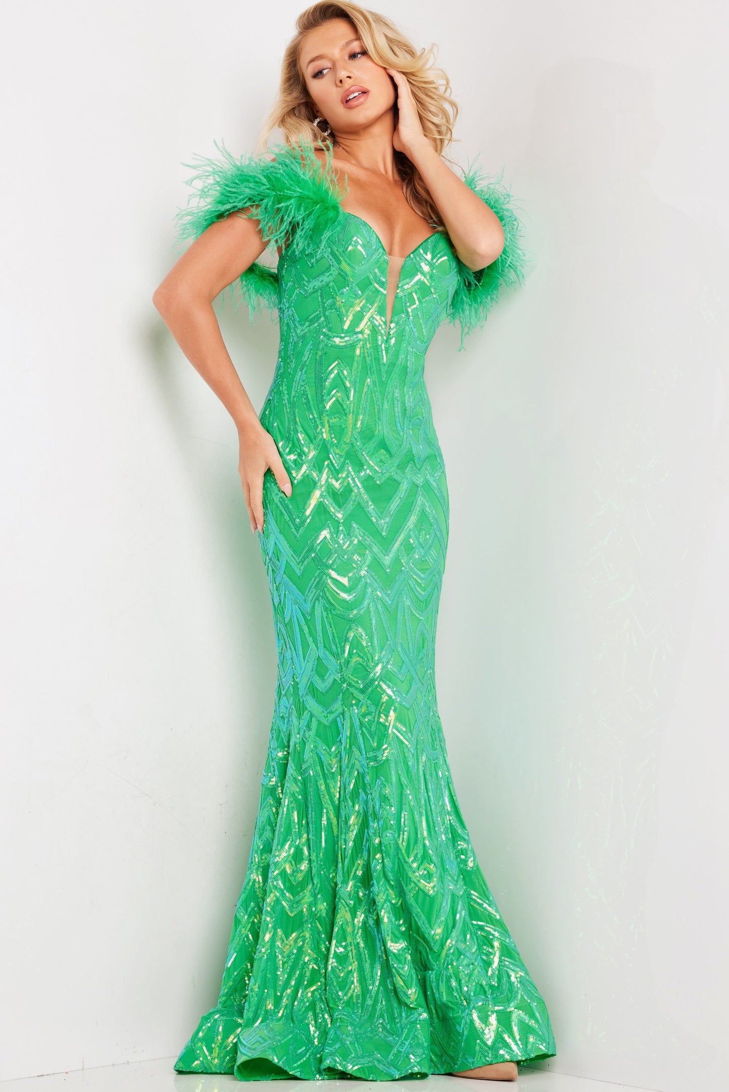 Prom Dresses Feather Off Shoulder Sequin Prom Dress Green