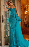 Formal Dresses Beaded Sheath Side Train Flouce Accent Formal Dress Peacock