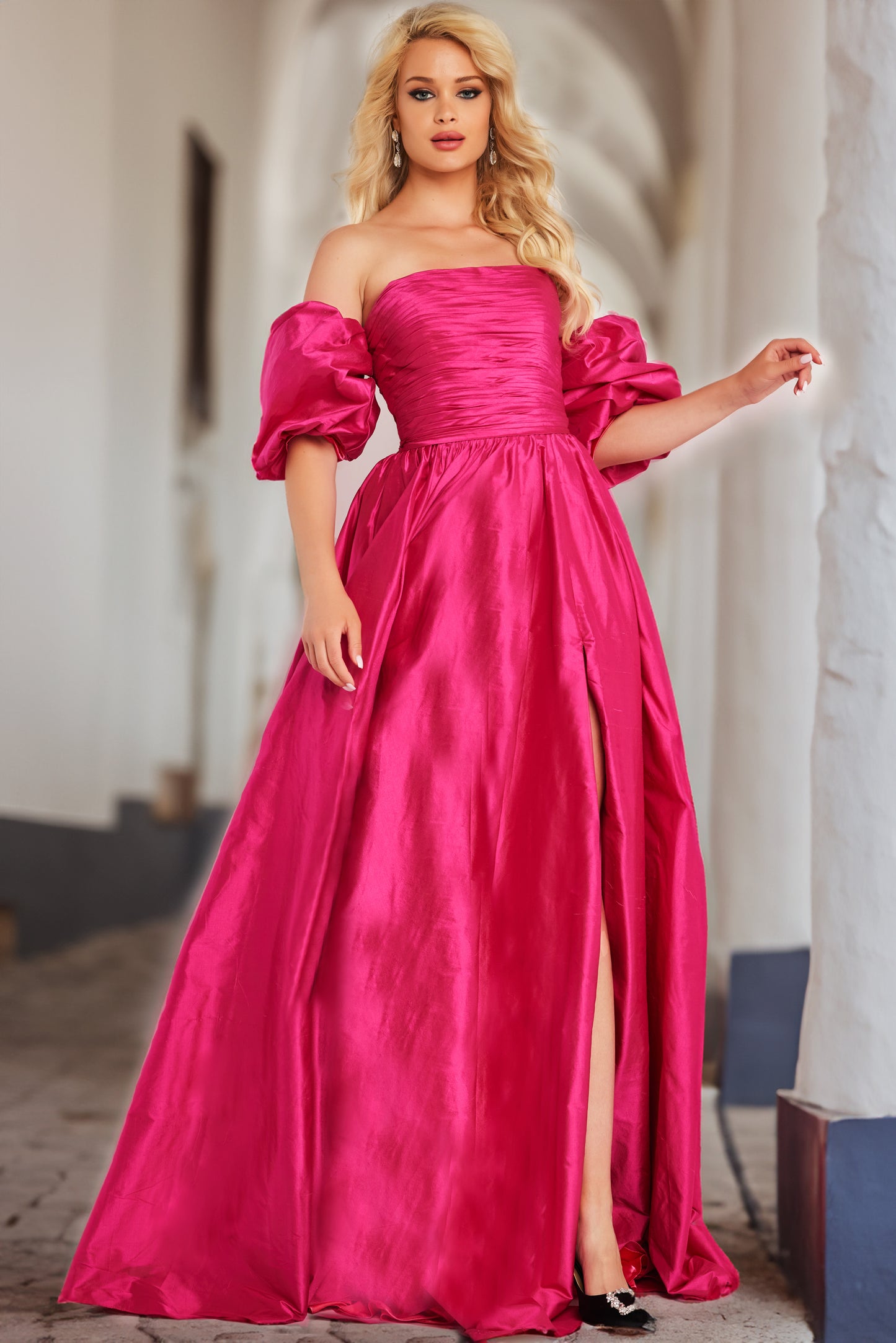 Prom Dresses Off Shoulder Ruched Bodice Prom Dress Fuchsia