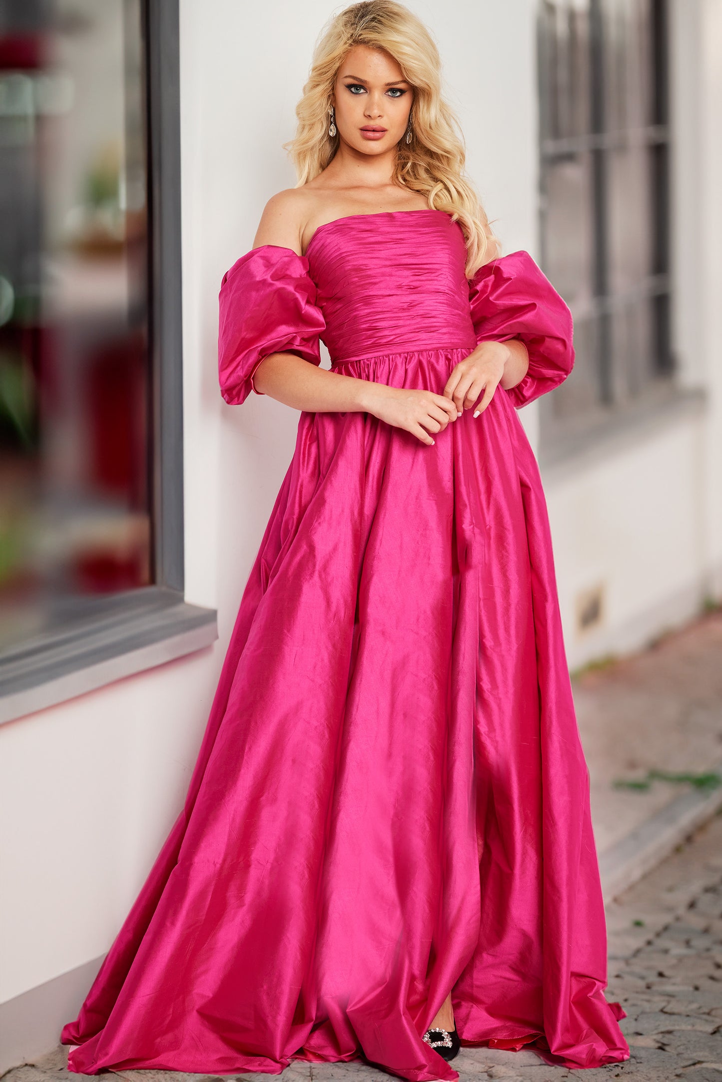 Prom Dresses Off Shoulder Ruched Bodice Prom Dress Fuchsia