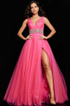 Prom Dresses Sleeveless Embellished Waist V Neck Prom Dress Hot Pink