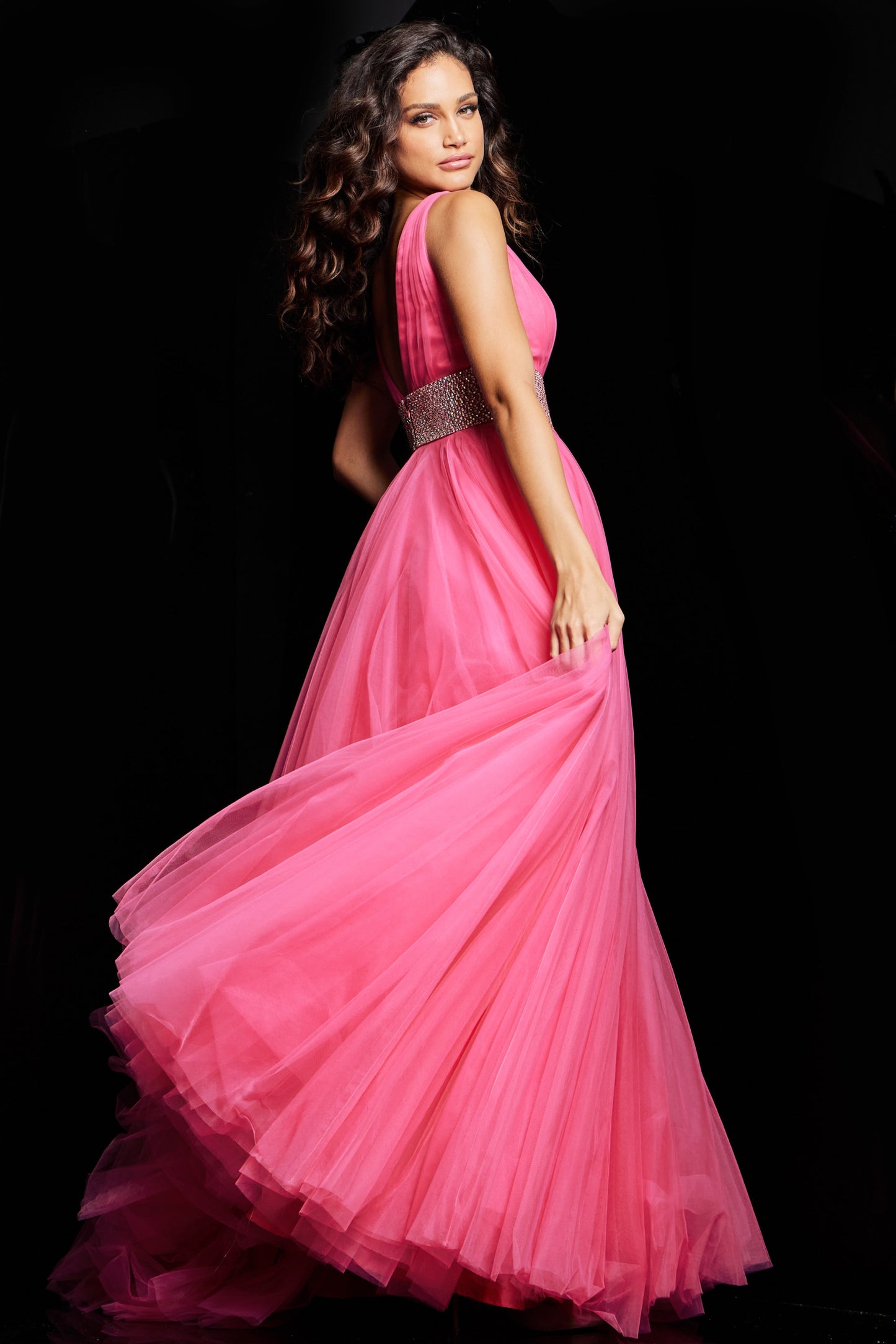 Prom Dresses Sleeveless Embellished Waist V Neck Prom Dress Hot Pink