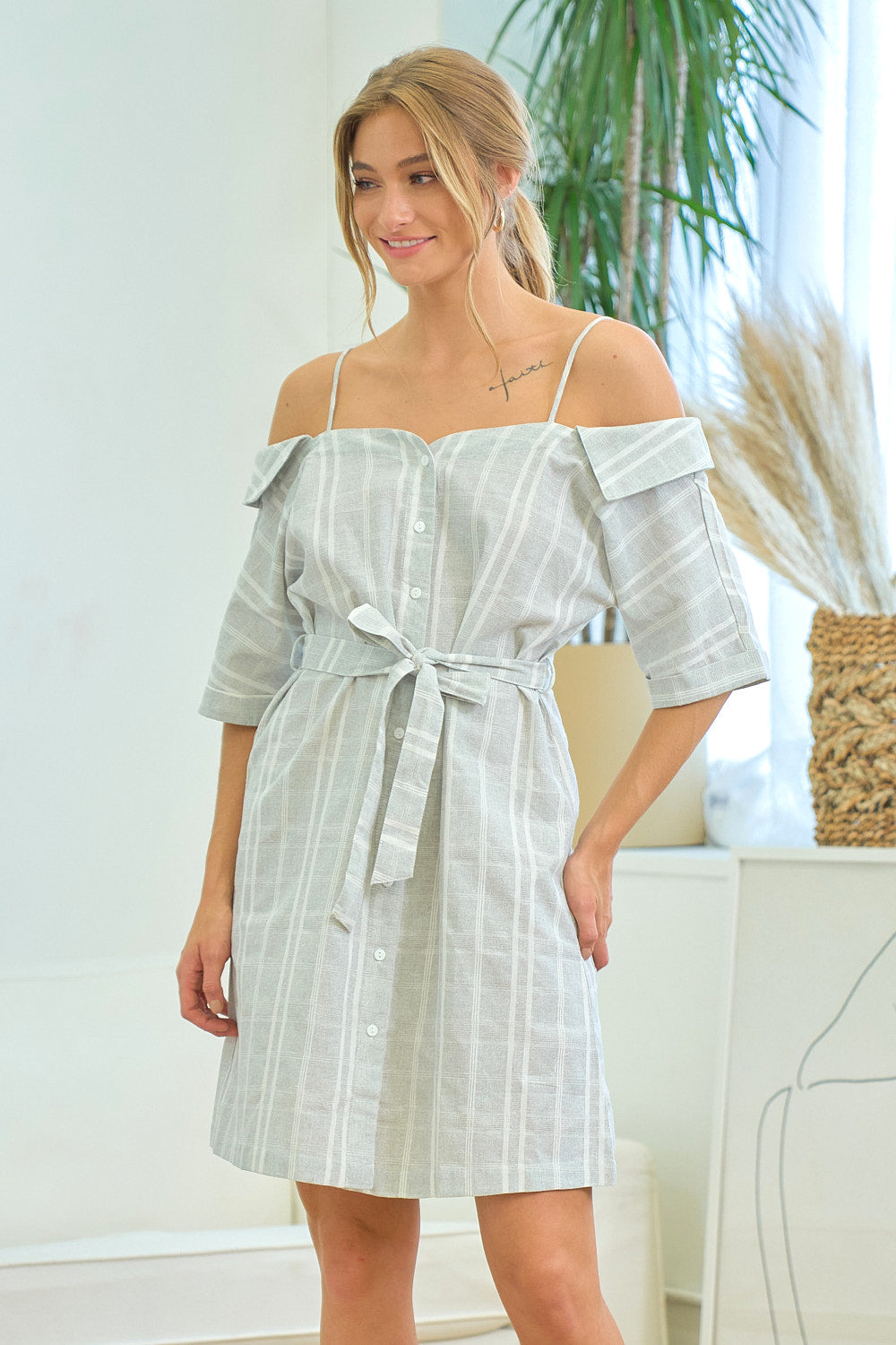 Cocktail Dresses Short Plaid Off Shoulder Mini Dress  Grey Ivory