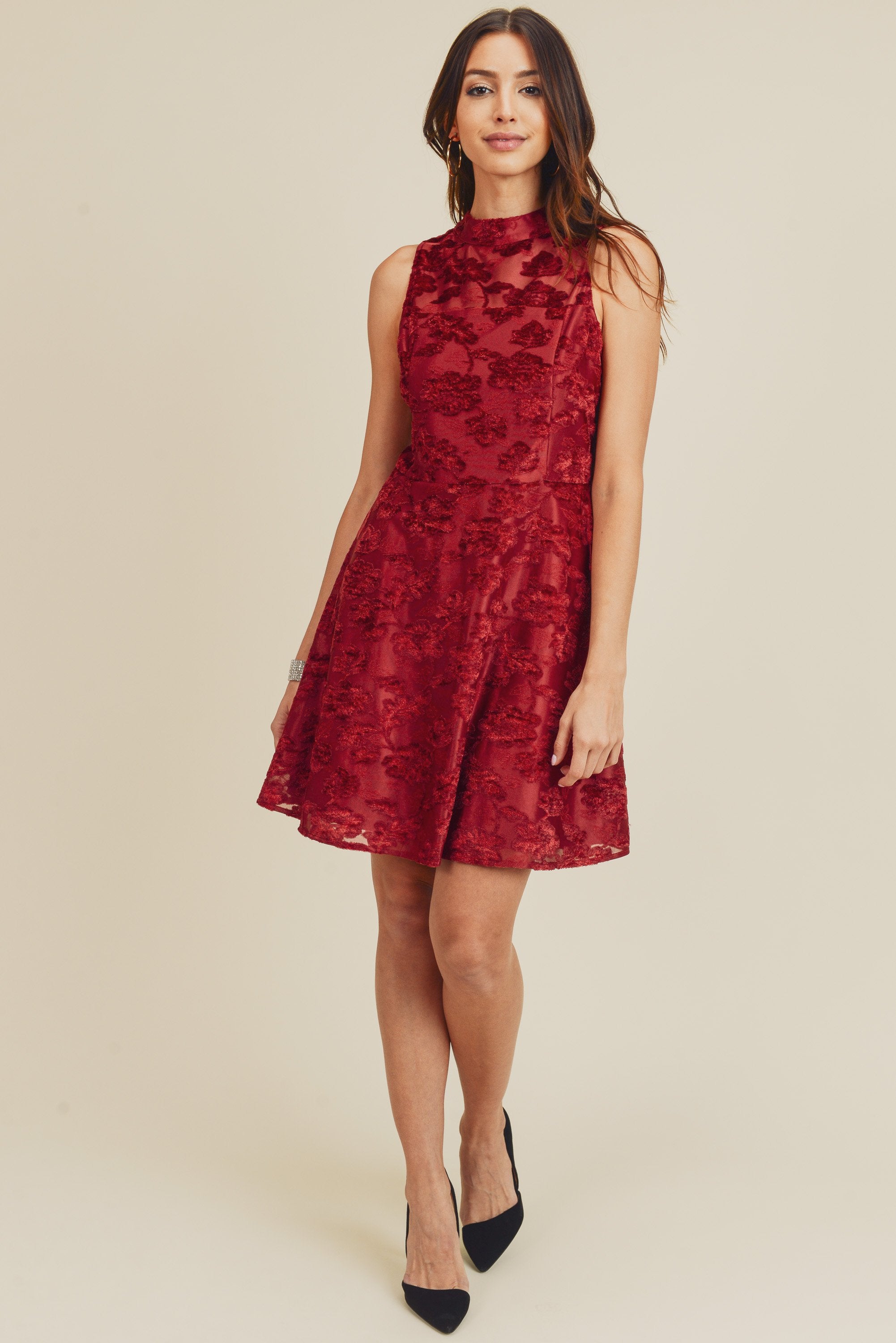 Burgundy Short Mock Neck Burn Out Velvet Dress for 39.99 The