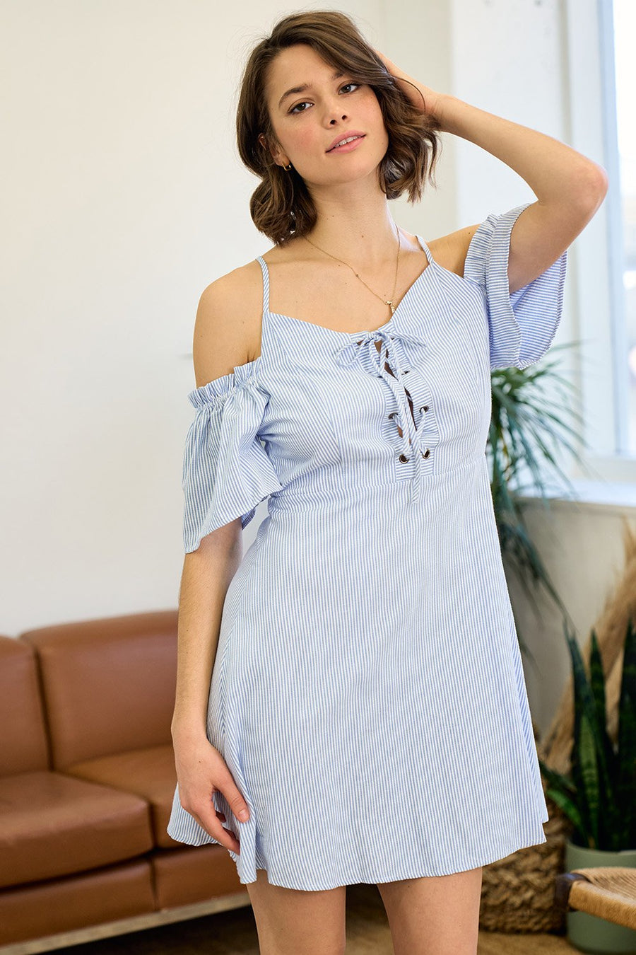 Cocktail Dresses Short Off Shoulder Lace Up Striped Dress Ligth Blue