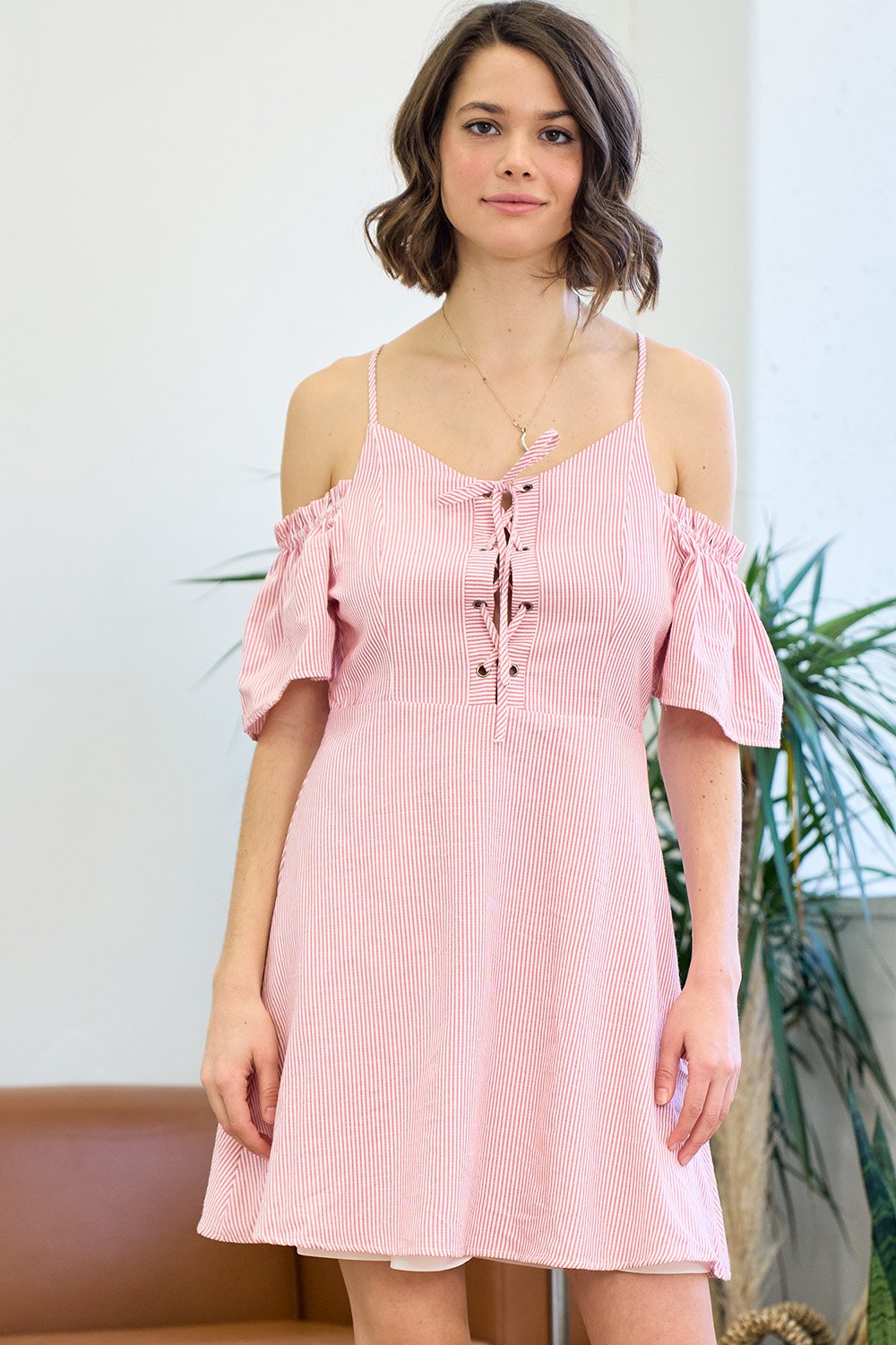 Cocktail Dresses Short Off Shoulder Lace Up Striped Dress Rose