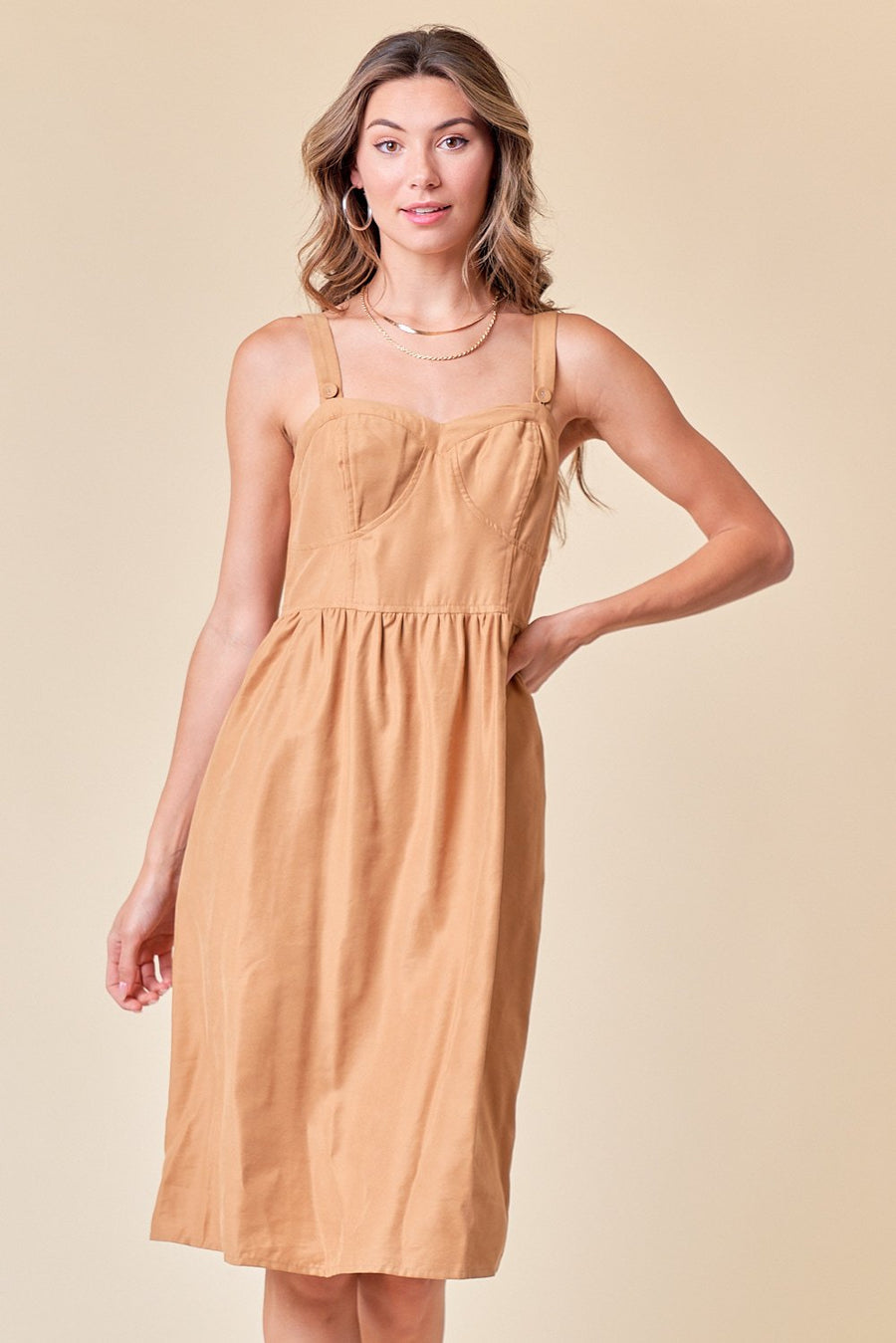 Cocktail Dresses Sleeveless Side Pocket Buster Midi Dress  Camel