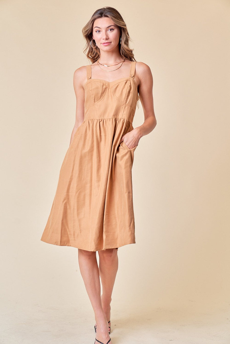 Cocktail Dresses Sleeveless Side Pocket Buster Midi Dress  Camel