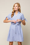 Cocktail Dresses Short Sleeve Tie Stripe Shirt Dress Denim White