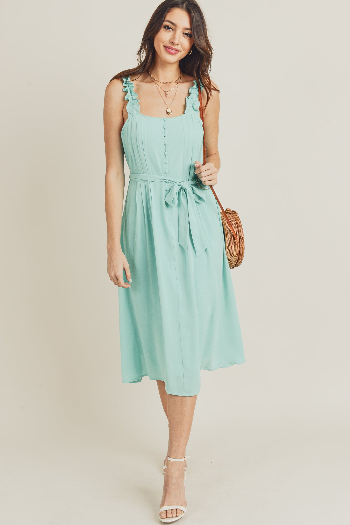 Cocktail Dresses Sleeveless Ruffle Strap Midi Dress Aqua Green