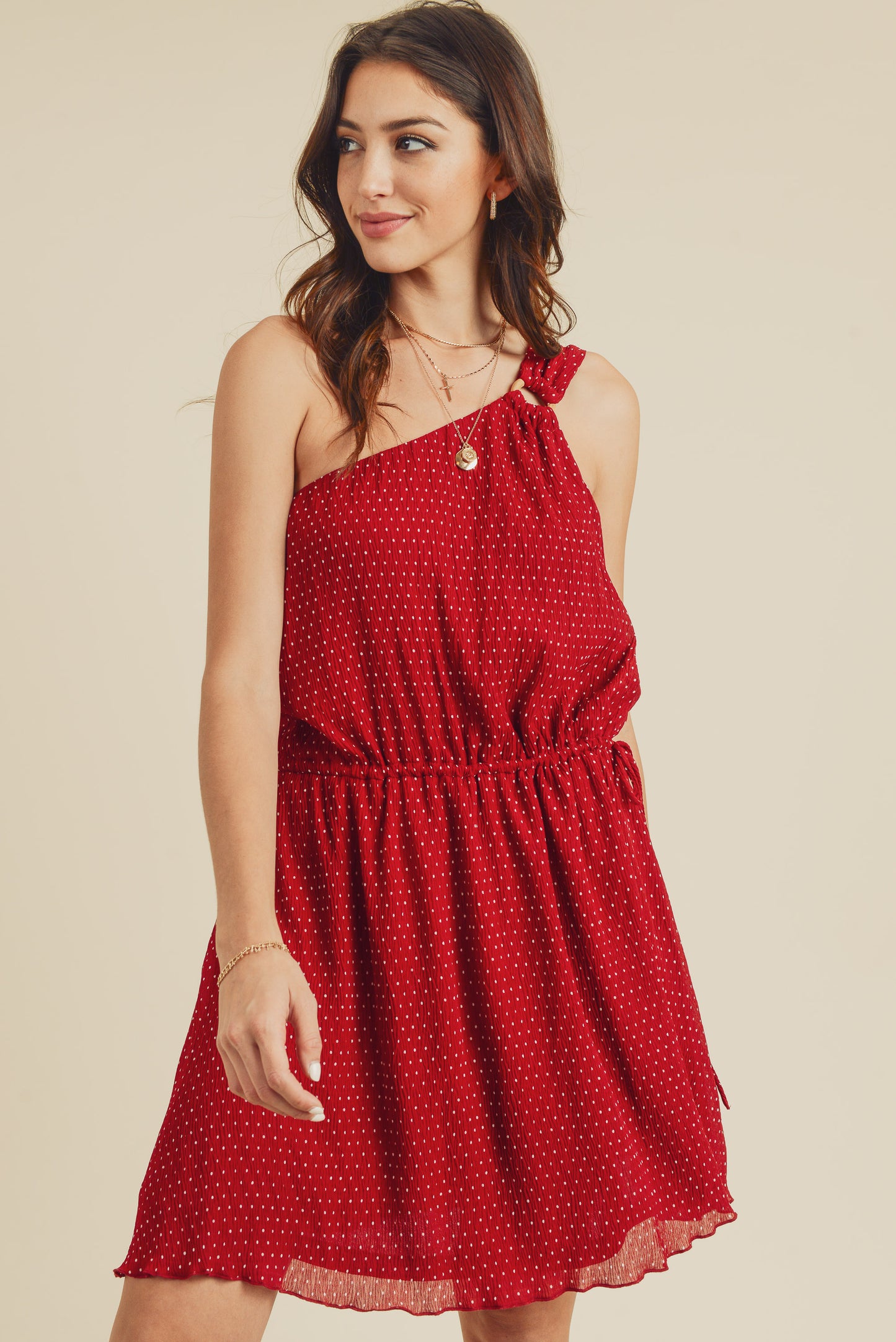 Cocktail Dresses Short One Shoulder Crinkle Dress Red