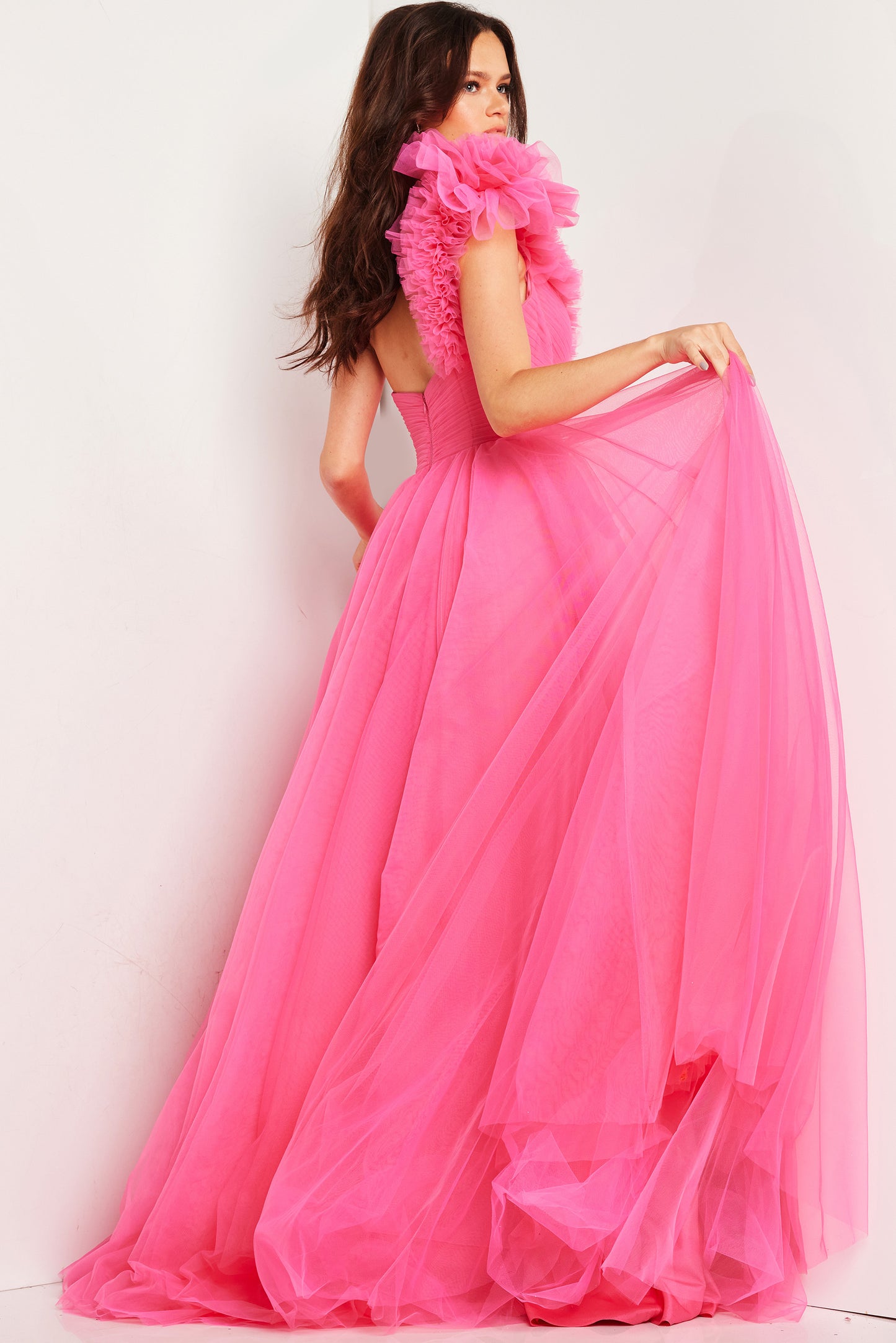 Prom Dresses Ruffle One Shoulder Pleated Bodice Prom Dress Hot Pink