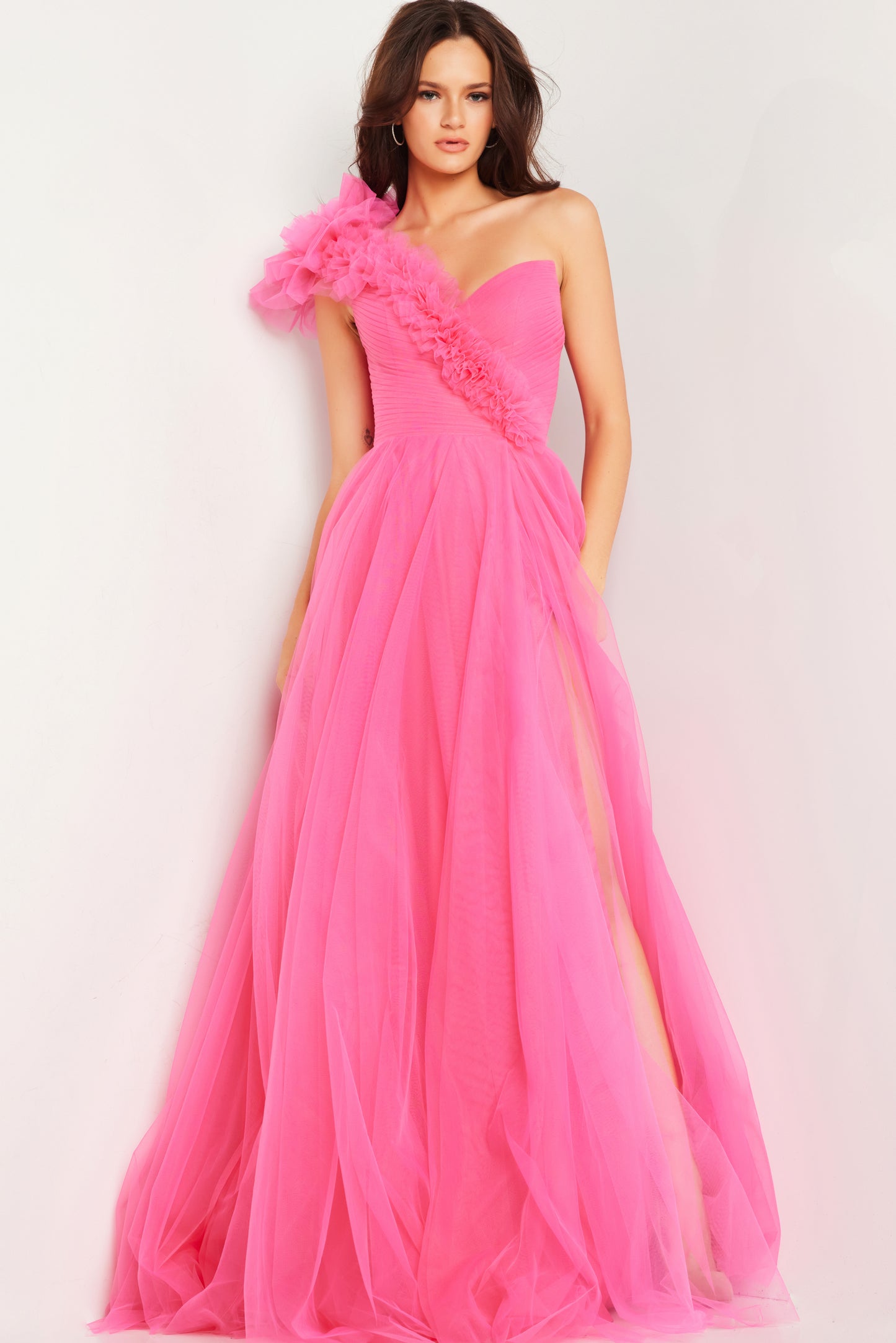 Prom Dresses Ruffle One Shoulder Pleated Bodice Prom Dress Hot Pink