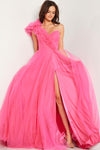 Prom Dresses Ruffle One Shoulder Pleated Bodice Prom Dress Hot Pink