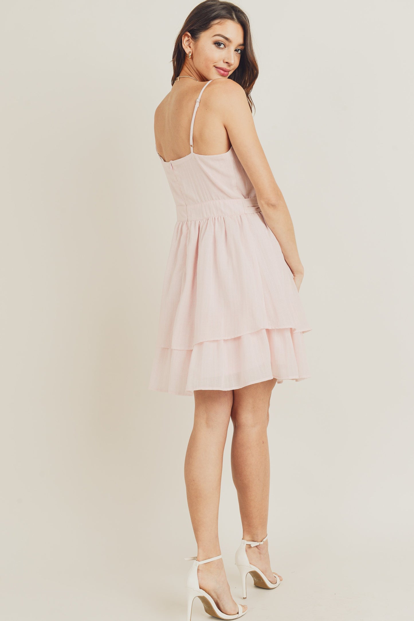 Cocktail Dresses Short Spaghetti Strap Waist Tie Double Layer Dress Blush